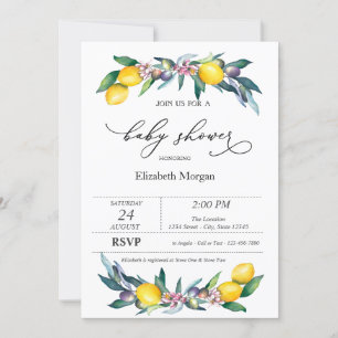 Watercolor Lemons Olives Baby Shower Invitation