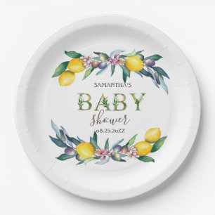 Watercolor Lemons Olives Baby Shower   Paper Plate
