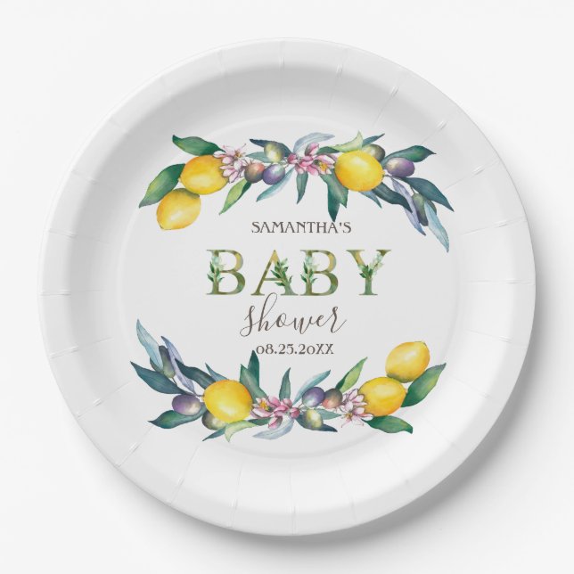 Watercolor Lemons Olives Baby Shower   Paper Plate (Front)