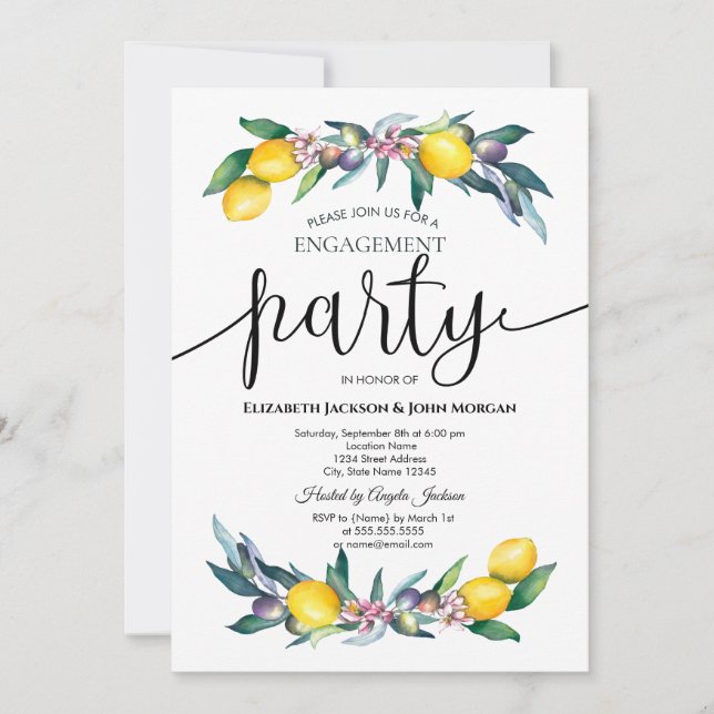 Watercolor Lemons Olives Engagement  Invitation (Front)