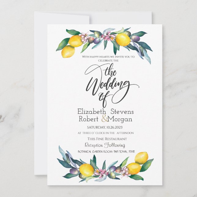 Watercolor Lemons Olives Wedding Invitation (Front)