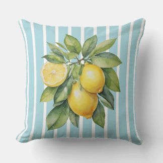 Watercolor Lemons on Blue Striped Background Cushion
