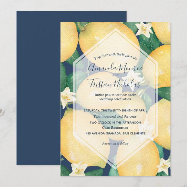 Watercolor Lemons on Navy Blue Wedding Invitations (Front/Back)