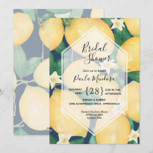 Watercolor Lemons on Navy Bridal Shower Invitation
