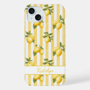 Watercolor Lemons On Yellow Stripes Monogrammed iPhone 15 Plus Case