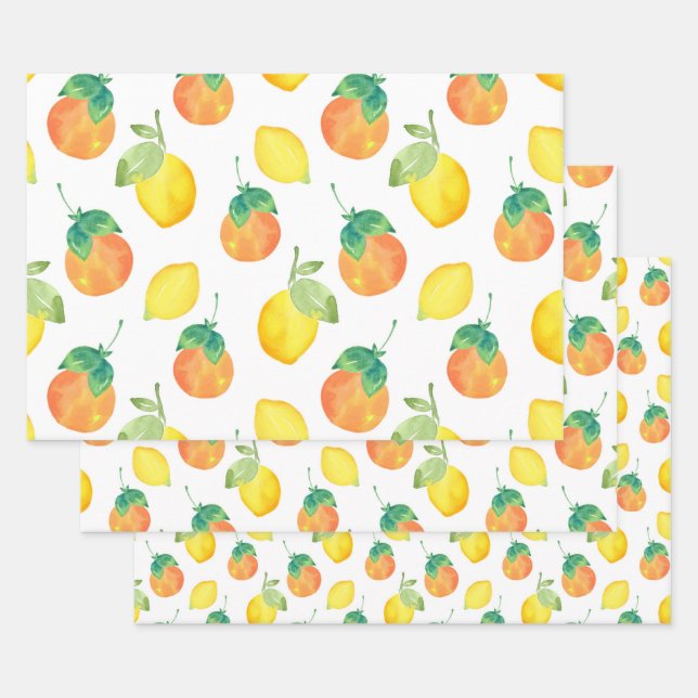 Watercolor Lemons & Oranges Pattern    Wrapping Paper Sheet (Set)