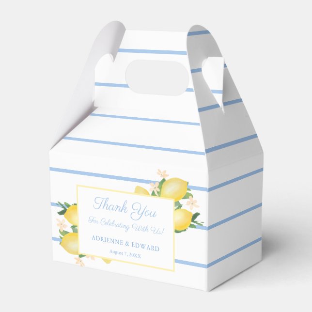 Watercolor Lemons Pale Blue Stripes Wedding Shower Favour Box (Front Side)