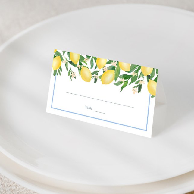 Watercolor Lemons Pale Blue Wedding Reception Place Card (Simple watercolor lemons with pale blue accents boy baby shower or wedding place cards)