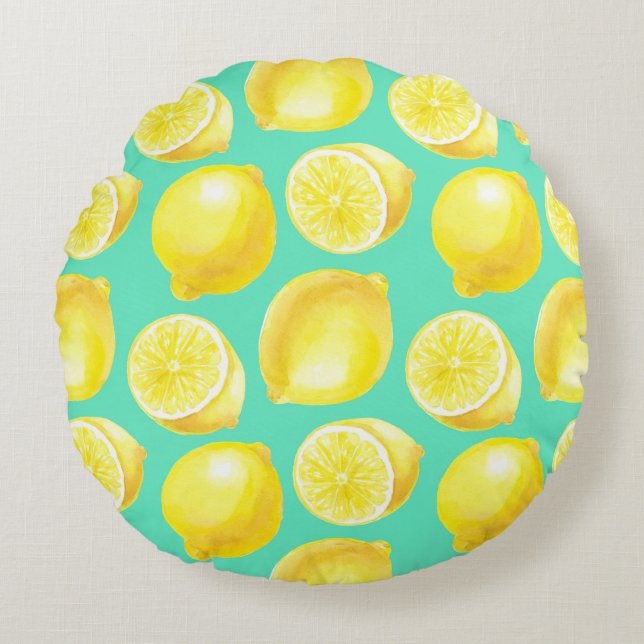 Watercolor lemons pattern round cushion (Front)