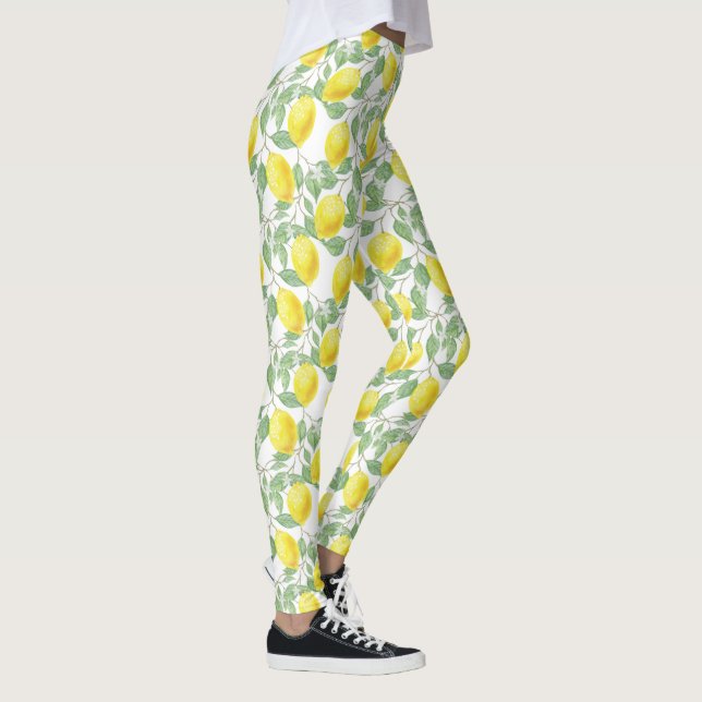 Watercolor Lemons Pattern with Lemon Tree Leaves Leggings (Right)