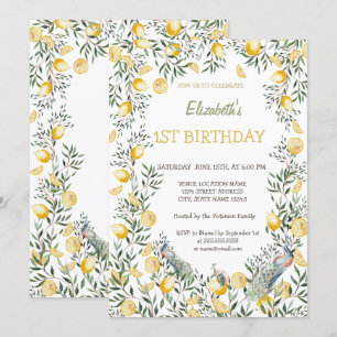 Watercolor Lemons Peacock Birthday  Invitation