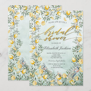 Watercolor Lemons Peacocks Green Bridal Shower Invitation