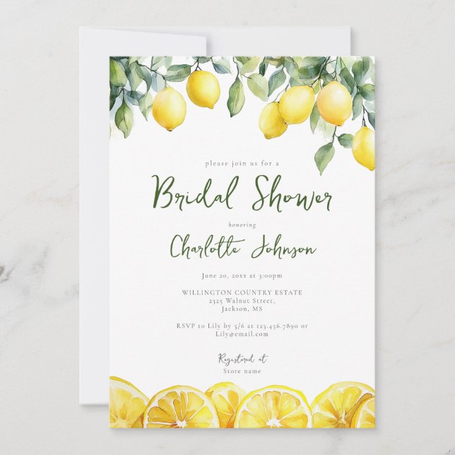 Watercolor Lemons Photo QR Code Bridal Shower Invitation (Front)