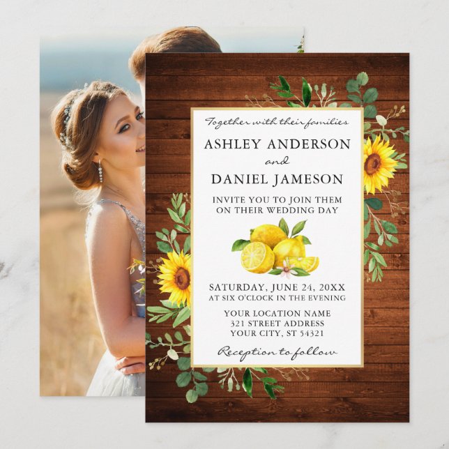 Watercolor Lemons Photo Wood Sunflowers Wedding Invitation (Front/Back)
