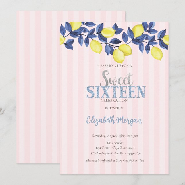  Watercolor Lemons Pink Striped Sweet 16 Invitation (Front/Back)