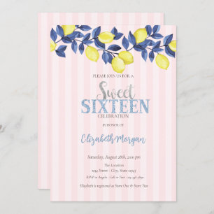 Watercolor Lemons Pink Striped Sweet 16 Invitation