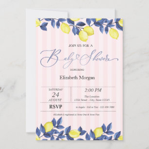Watercolor Lemons Pink Stripes Baby Shower  Invitation