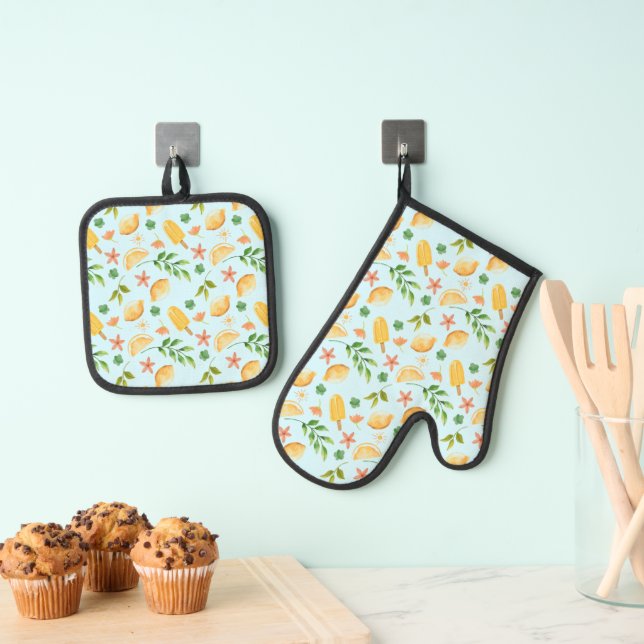 Watercolor Lemons & Popsicles Oven Mitt & Pot Holder Set (Insitu(Hanging))