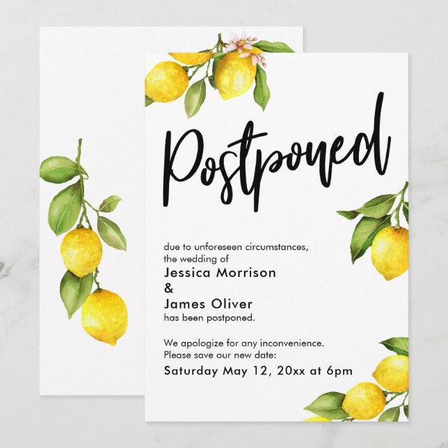 Watercolor Lemons Postponed Wedding Announcement (Front/Back)
