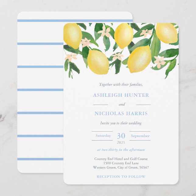 Watercolor Lemons Powder Blue Accents Wedding Invitation (Front/Back)