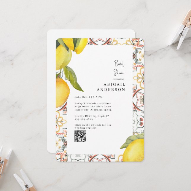 Watercolor Lemons Rounded Bridal Shower  Invitation (Front/Back In Situ)