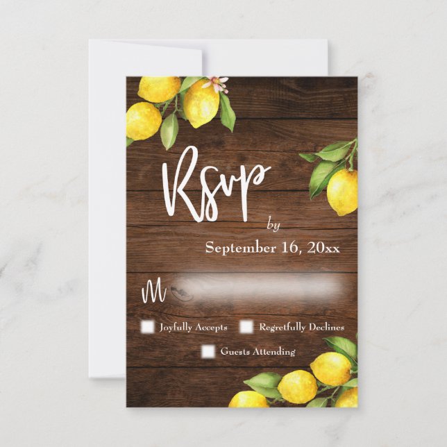 Watercolor Lemons RSVP Typography Rustic Wood (Front)