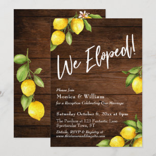Watercolor Lemons Rustic Wood We Eloped Typography Invitation