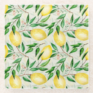 Watercolor lemons, seamless fruit pattern. glass coaster