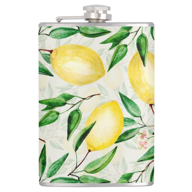 Watercolor lemons, seamless fruit pattern. hip flask (Front)