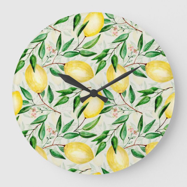 Watercolor lemons, seamless fruit pattern. large clock (Front)