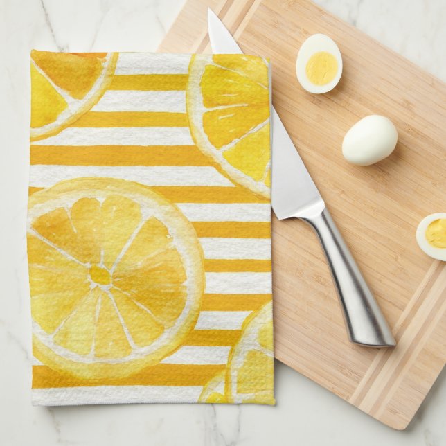Watercolor Lemons & Stripes Tea Towel (Quarter Fold)
