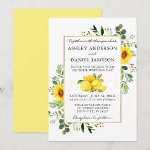 Watercolor Lemons Sunflowers Greenery Wedding Invitation