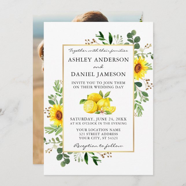 Watercolor Lemons Sunflowers Photo Back Wedding Invitation (Front/Back)