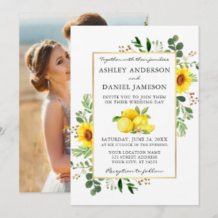 Watercolor Lemons Sunflowers Photo Back Wedding Invitation
