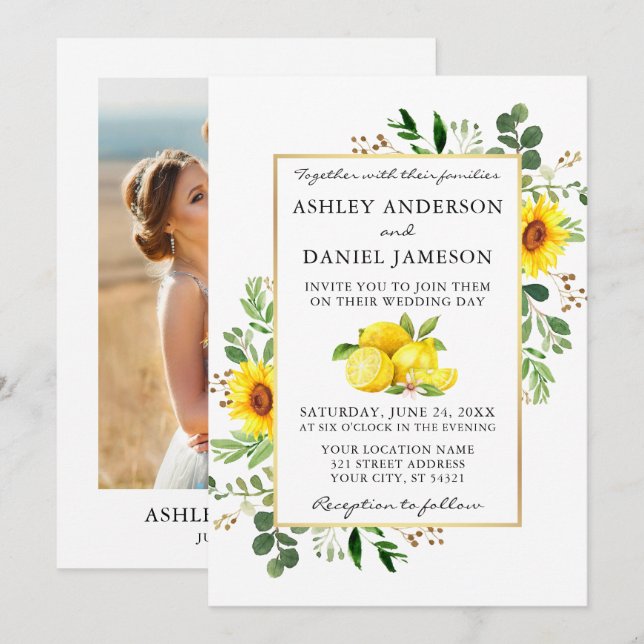 Watercolor Lemons Sunflowers Photo Wedding Invitation (Front/Back)
