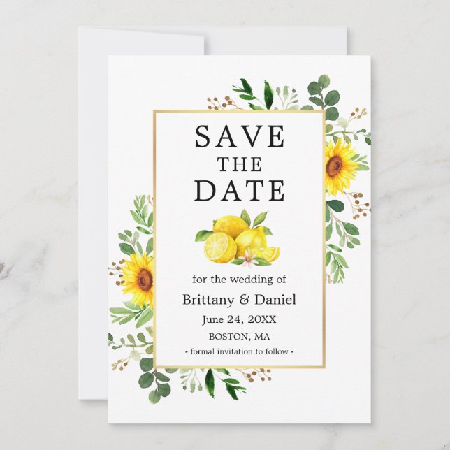 Watercolor Lemons Sunflowers Save The Date Card (Front)