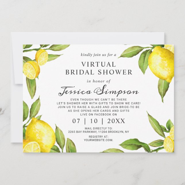 Watercolor Lemons Virtual Bridal Shower By Mail Invitation (Front)