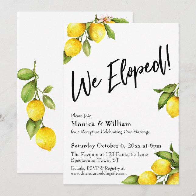 Watercolor Lemons We Eloped Typography Invitation (Front/Back)
