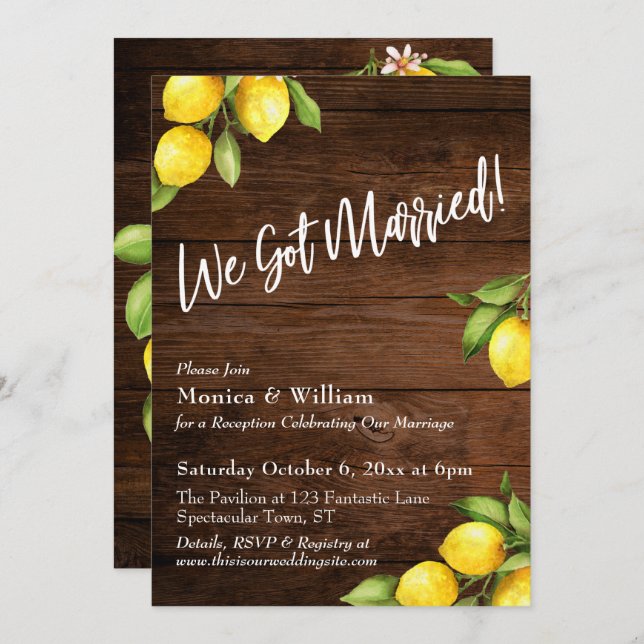Watercolor Lemons We Got Married on Rustic Wood Invitation (Front/Back)