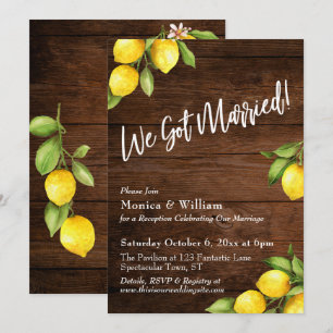 Watercolor Lemons We Got Married on Rustic Wood Invitation