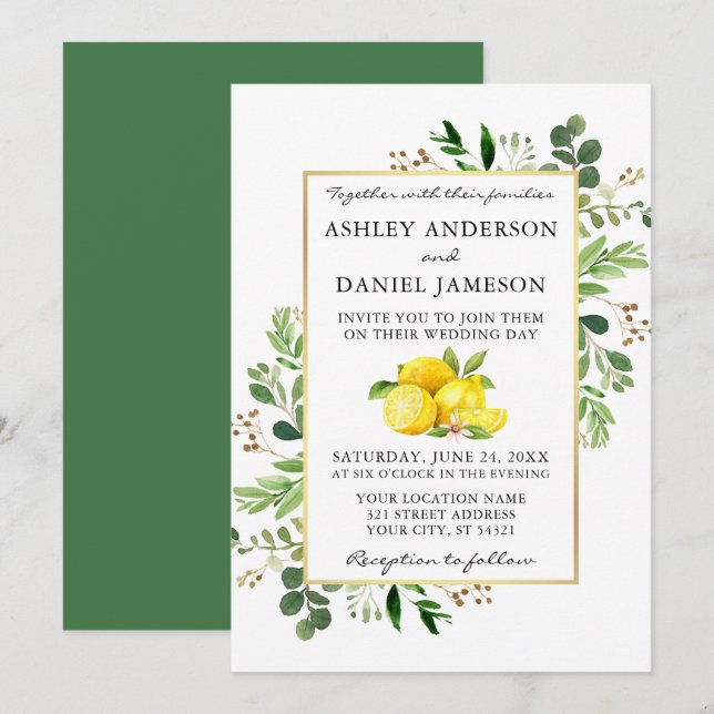 Watercolor Lemons Wedding Botanical Greenery Invitation (Front/Back)