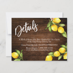 Watercolor Lemons Wedding Details on Rustic Wood Save The Date
