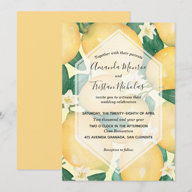Watercolor Lemons Wedding Invitations (Front/Back)