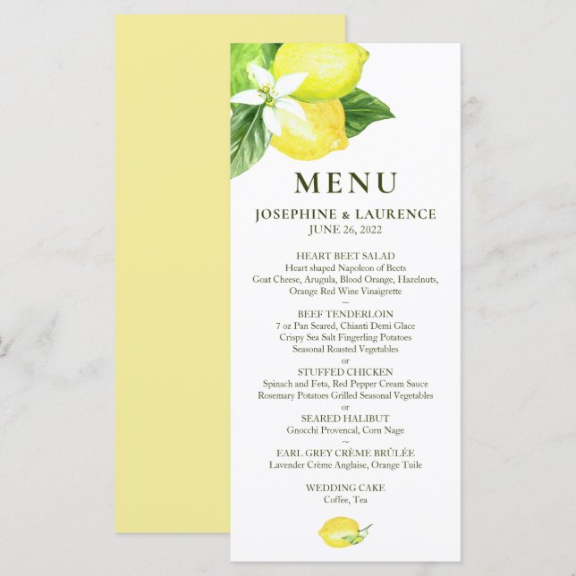 Watercolor Lemons  Wedding Menu (Front/Back)