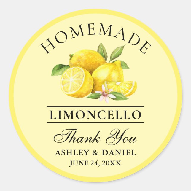 Watercolor Lemons Wedding Thanks Limoncello Yellow Classic Round Sticker (Front)