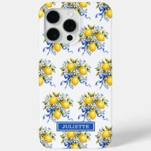 Watercolor Lemons With Blue Flowers Monogrammed iPhone 15 Pro Max Case