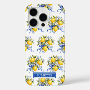 Watercolor Lemons With Blue Flowers Monogrammed iPhone 16 Pro Case