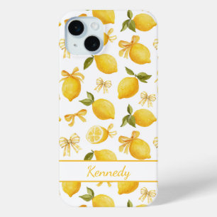 Watercolor Lemons With Coquette Bows Monogrammed iPhone 15 Mini Case