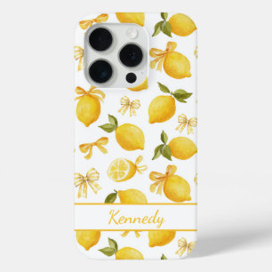 Watercolor Lemons With Coquette Bows Monogrammed iPhone 15 Pro Case