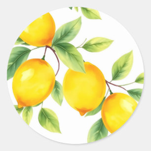 Watercolor Lemons with Green Leaves Classic Round Sticker